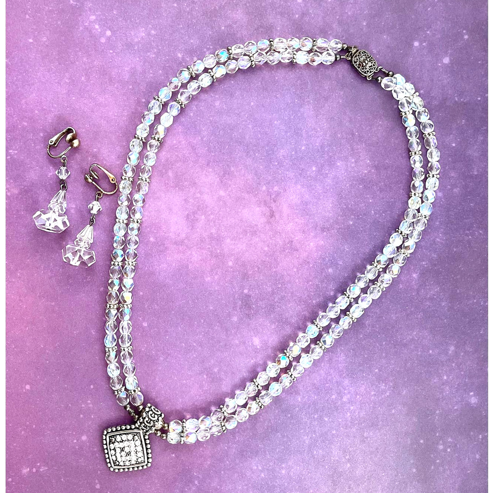 Midcentury Cocktail Party AB Crystal Bead Necklace/Pendant & Clip-on Earrings